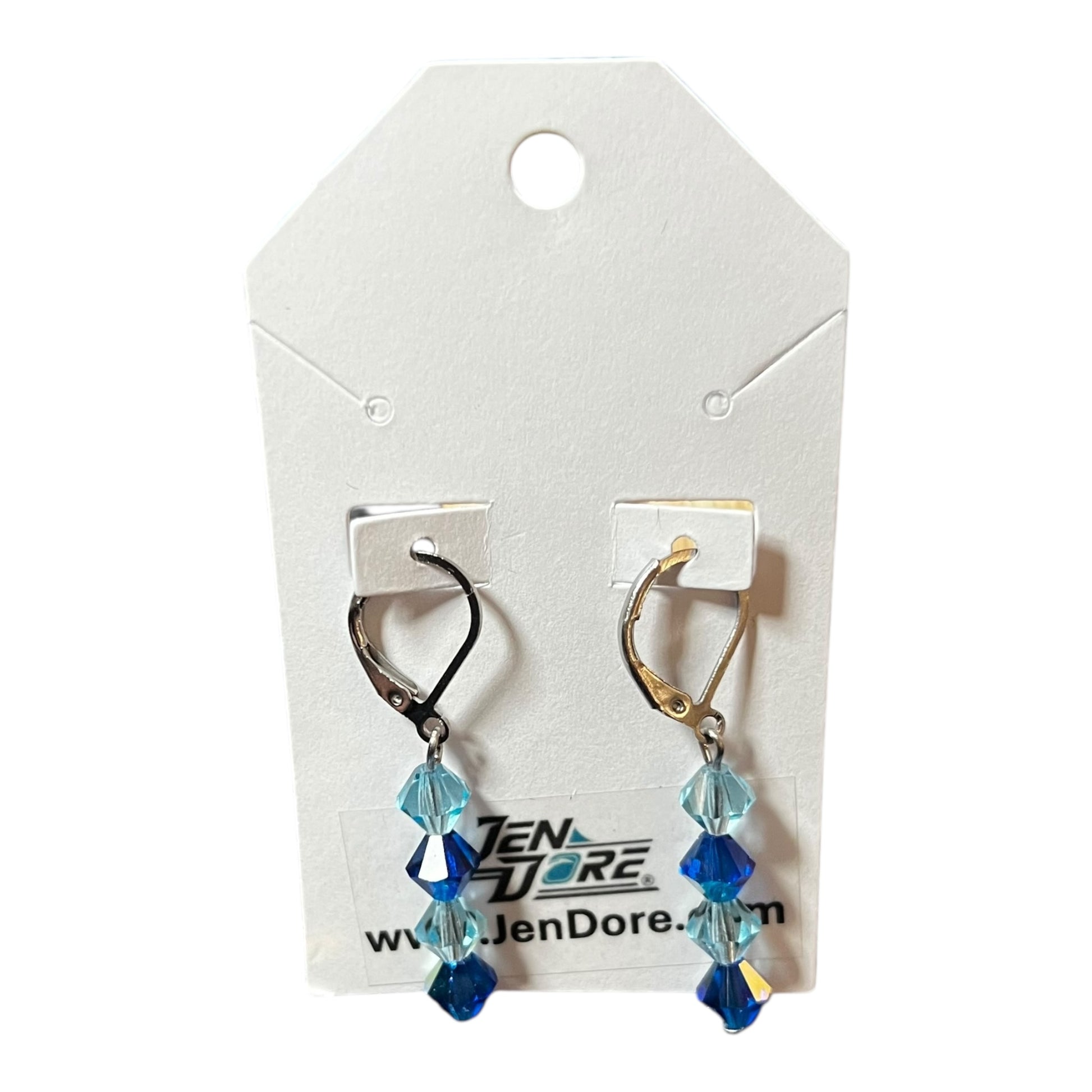 JenDore sterling silver leverback dangle earrings with blue and aqua Czech crystal bicones