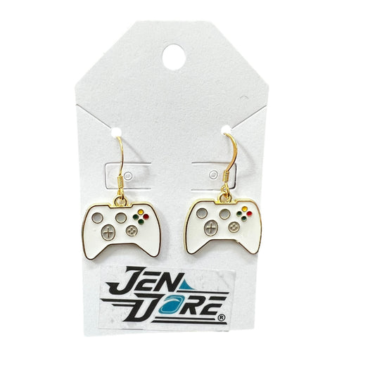 Handmade white gaming controller earrings with 18K gold plated stainless steel hooks, hypoallergenic and lightweight by JenDore.