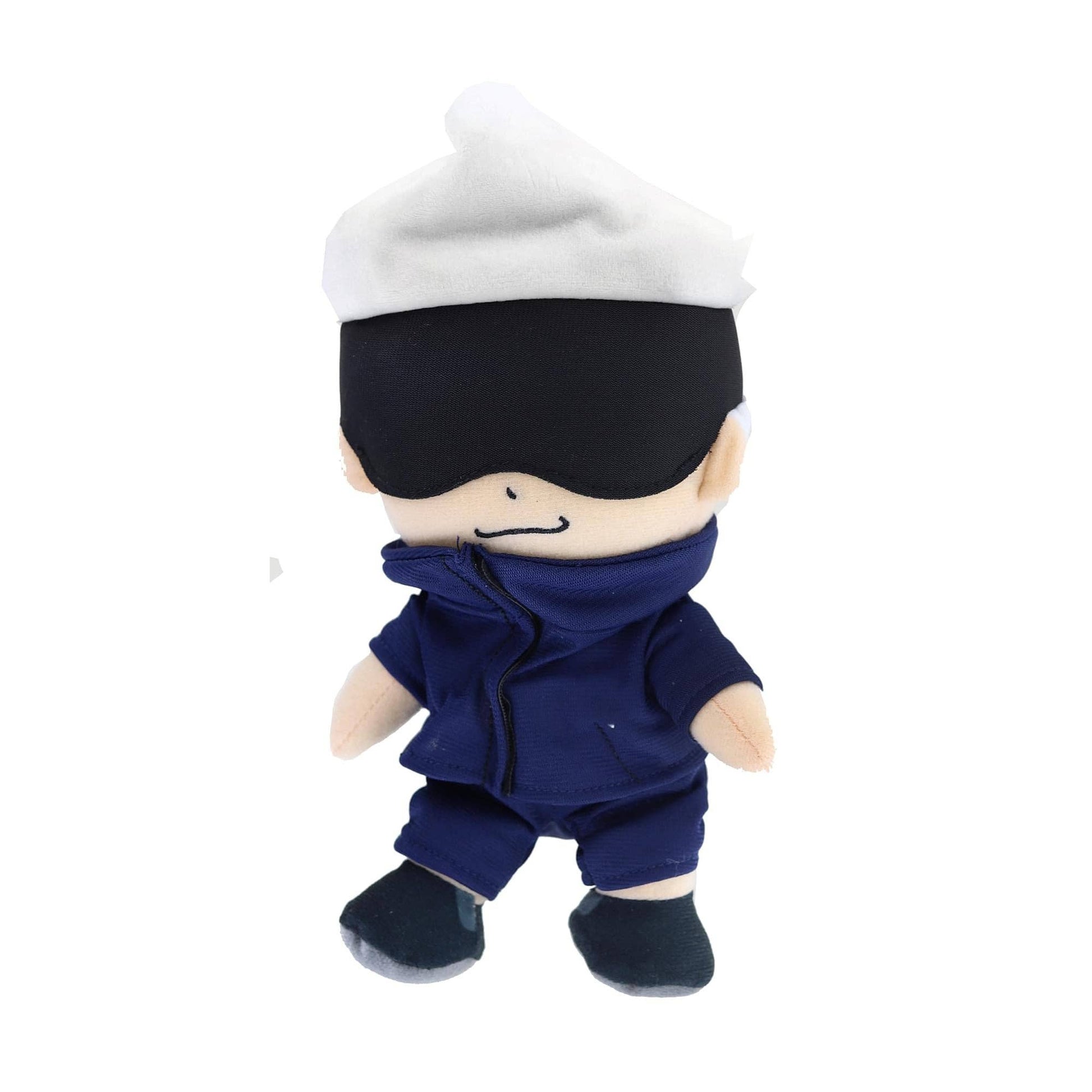 A plush toy doll with a white hat, black blindfold, beige face, and navy blue outfit, shown against a plain white background.