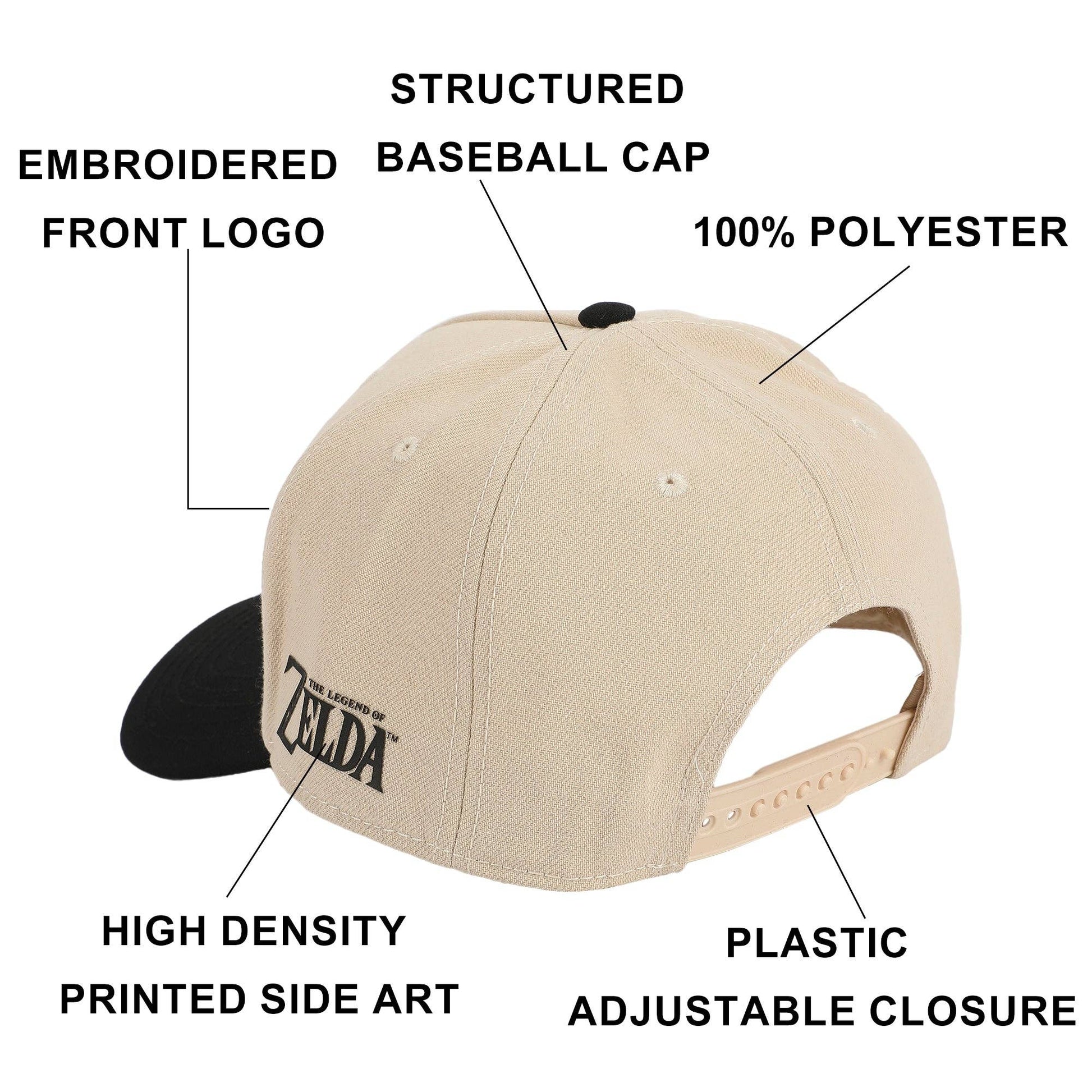 Beige baseball cap with black visor and 'The Legend of Zelda' logo, labeled features on a white background.