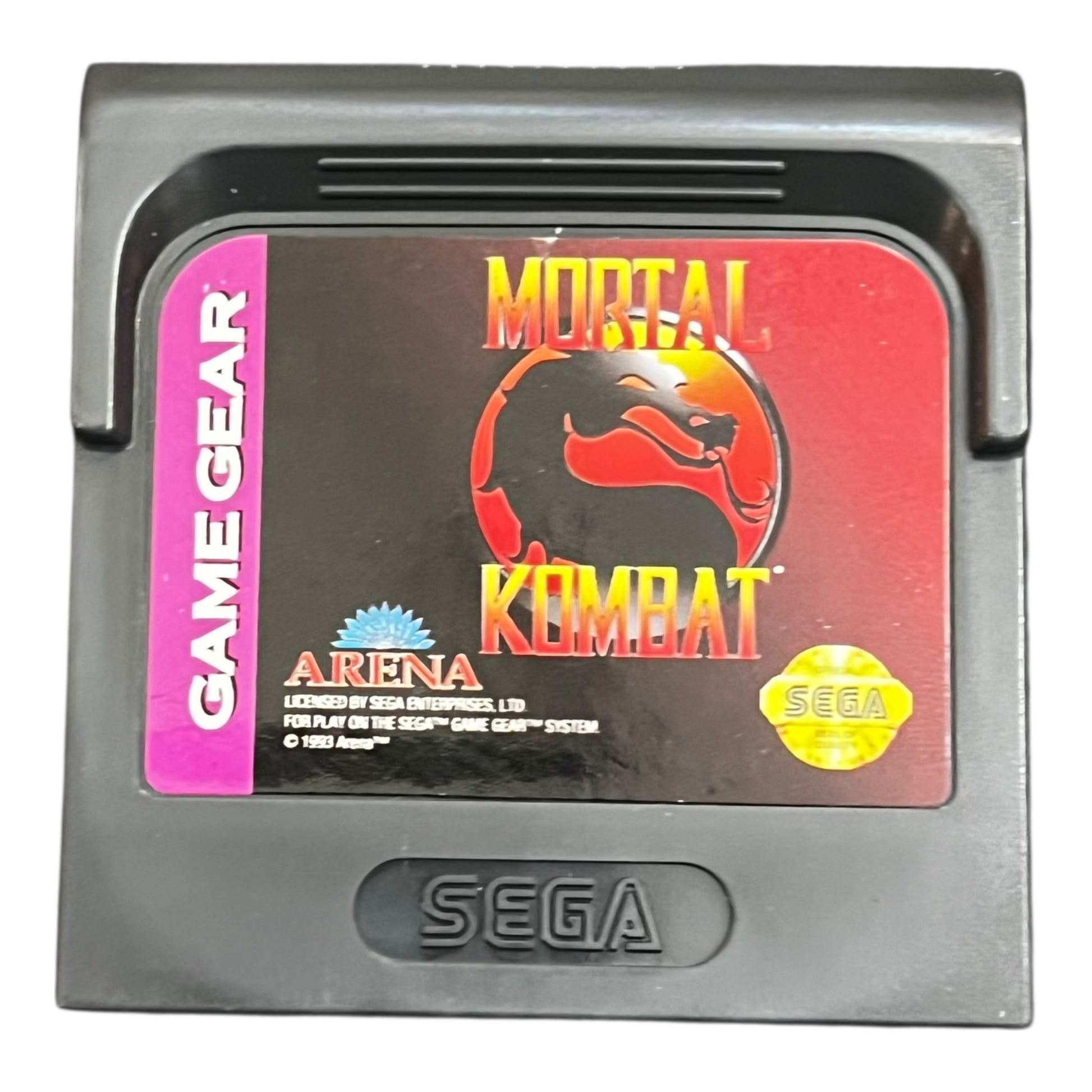 Sega Game Gear cartridge with 'Mortal Kombat Arena' packaging on a white background