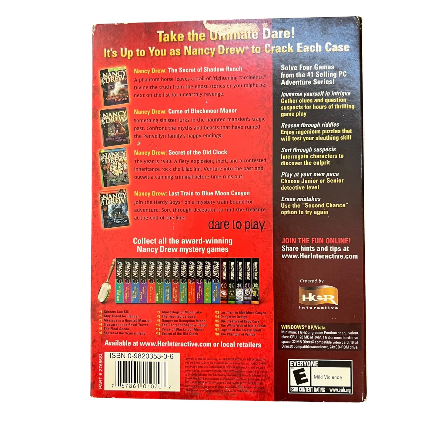 Back cover of the Nancy Drew mystery adventure game box, featuring a red and dark brown design with product details, character bios, a row of miniatures, and an ESRB rating.