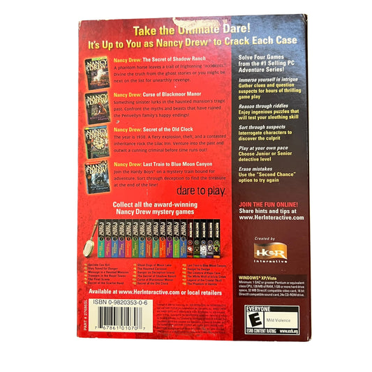 Back cover of the Nancy Drew mystery adventure game box, featuring a red and dark brown design with product details, character bios, a row of miniatures, and an ESRB rating.