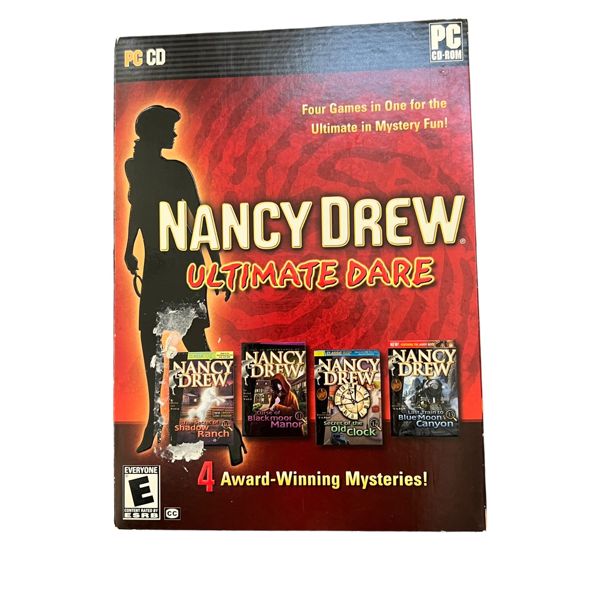 Nancy Drew Ultimate Dare PC CD game box set, featuring a red and black cover with a silhouette of Nancy Drew and four game box art thumbnails along the bottom.