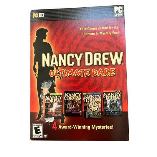 Nancy Drew Ultimate Dare PC CD game box set, featuring a red and black cover with a silhouette of Nancy Drew and four game box art thumbnails along the bottom.