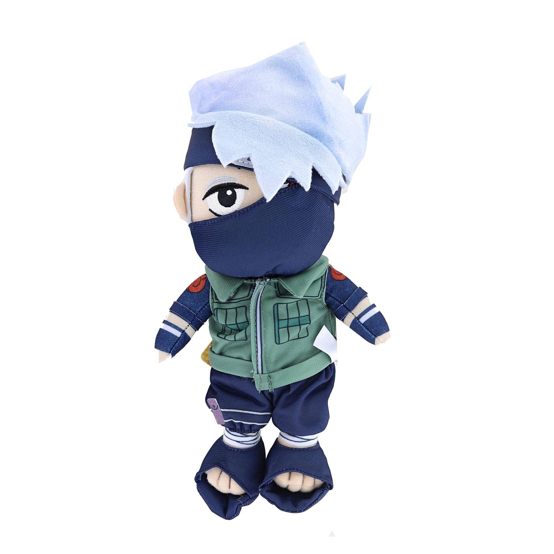 Plush toy of a character in a blue and green outfit with a white headband on a white background