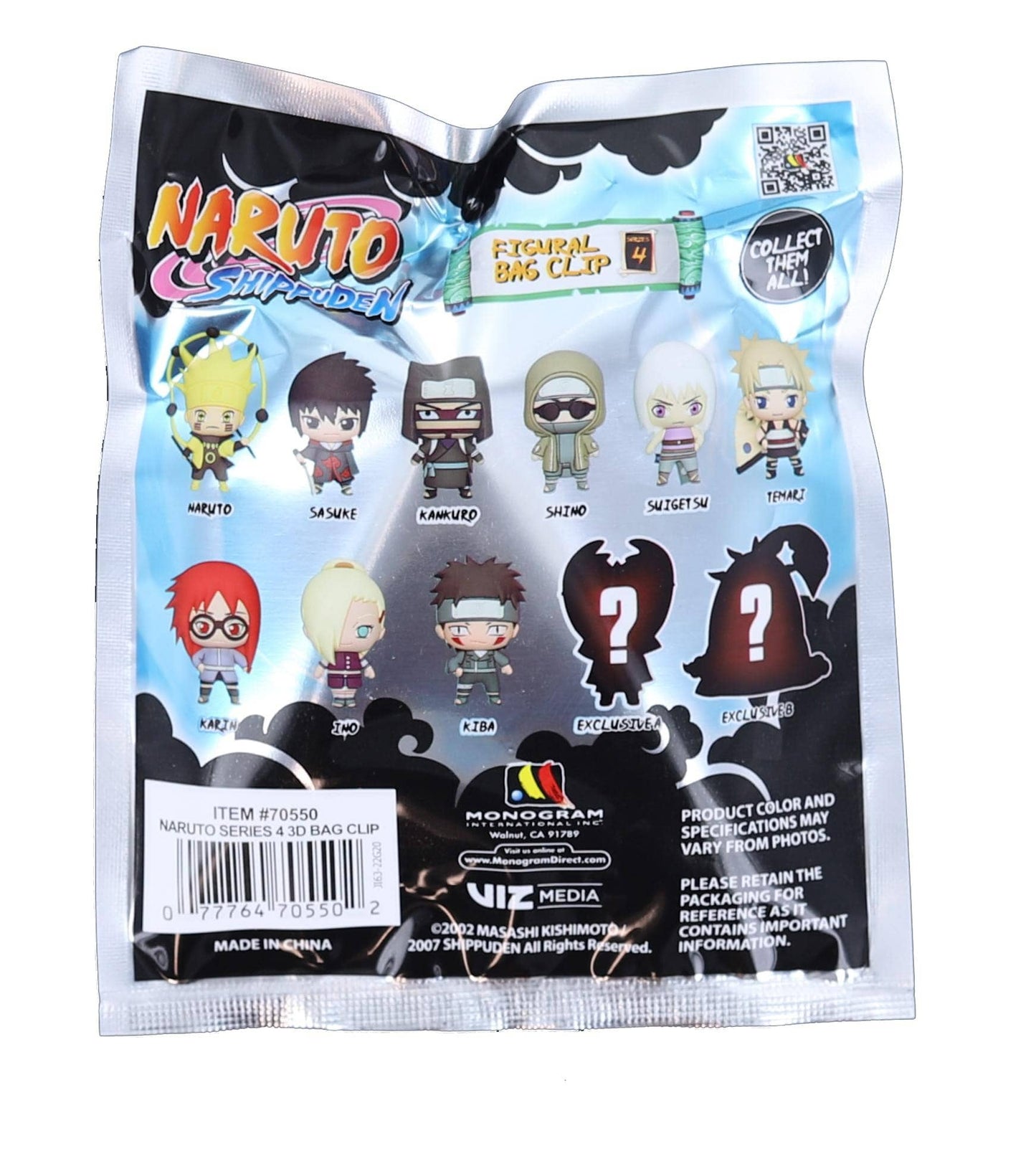 A sealed Naruto Shippuden collectible figure blister pack showing the back of the packaging with character illustrations, text, barcode, and Monopoly / Nippon Media branding.