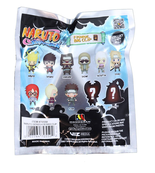 A sealed Naruto Shippuden collectible figure blister pack showing the back of the packaging with character illustrations, text, barcode, and Monopoly / Nippon Media branding.