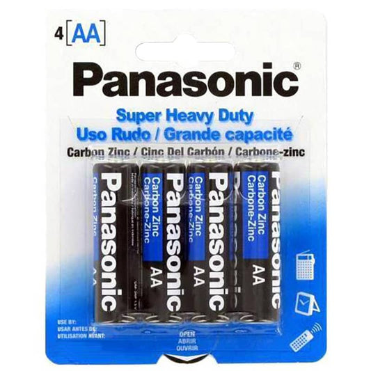 A 4-pack of Panasonic Super Heavy Duty Carbon Zinc AA batteries in their original blue and white blister card packaging.