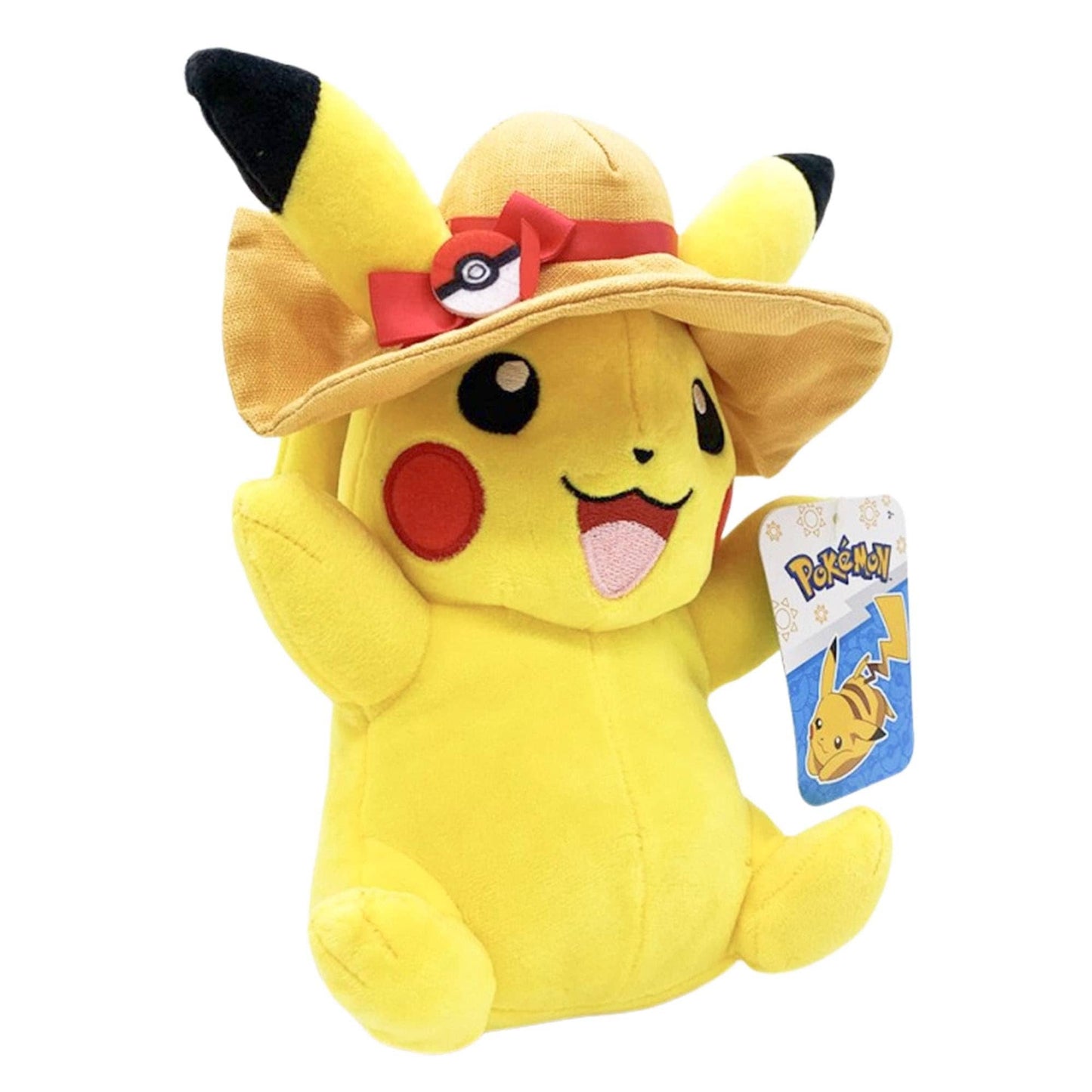 Plush toy of Pikachu wearing a hat with a Poké Ball design on a white background
