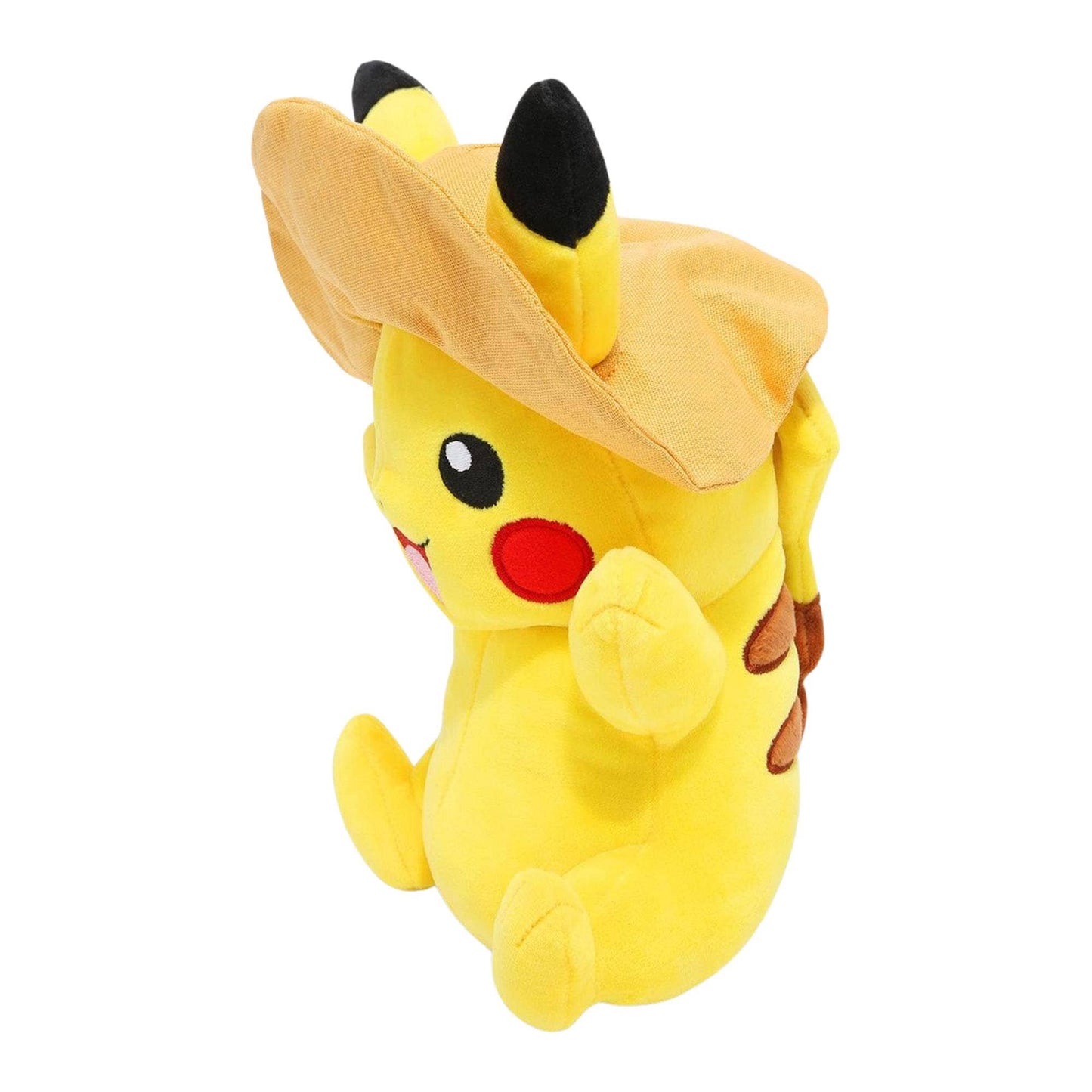 Plush toy resembling a yellow creature with black ears and a red nose on a white background