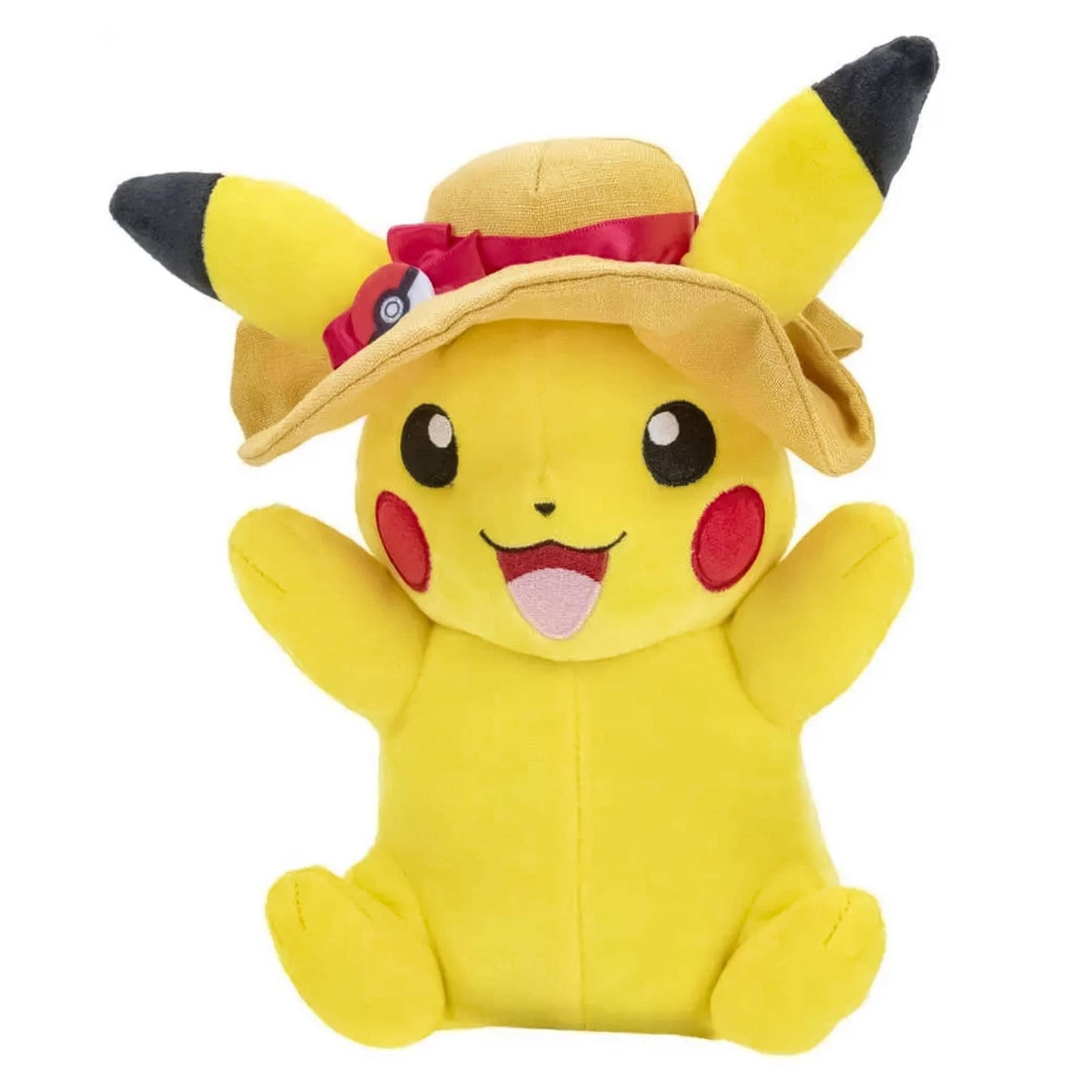 Plush toy of Pikachu wearing a hat on a white background