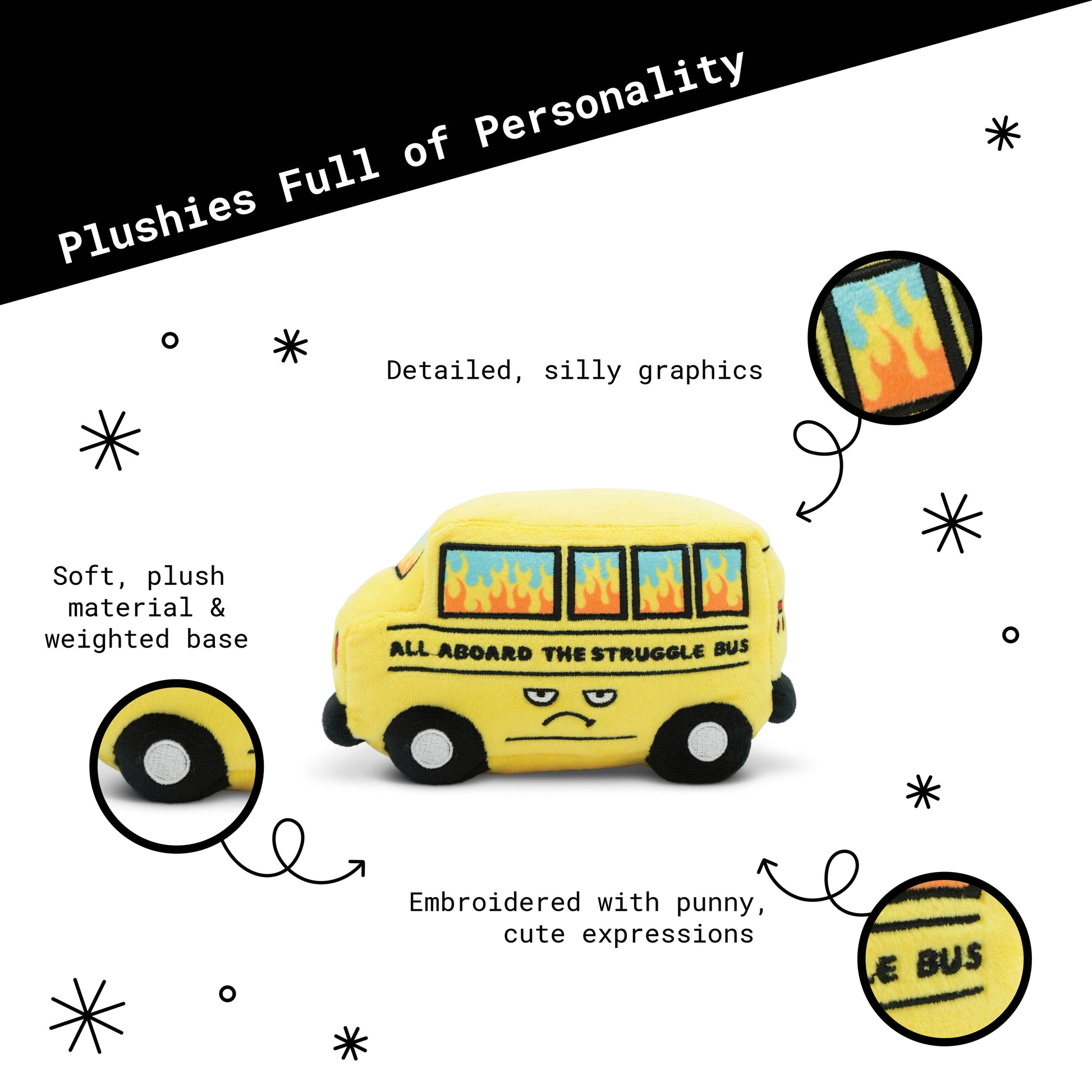 Yellow plush bus toy with text and graphics on a white background