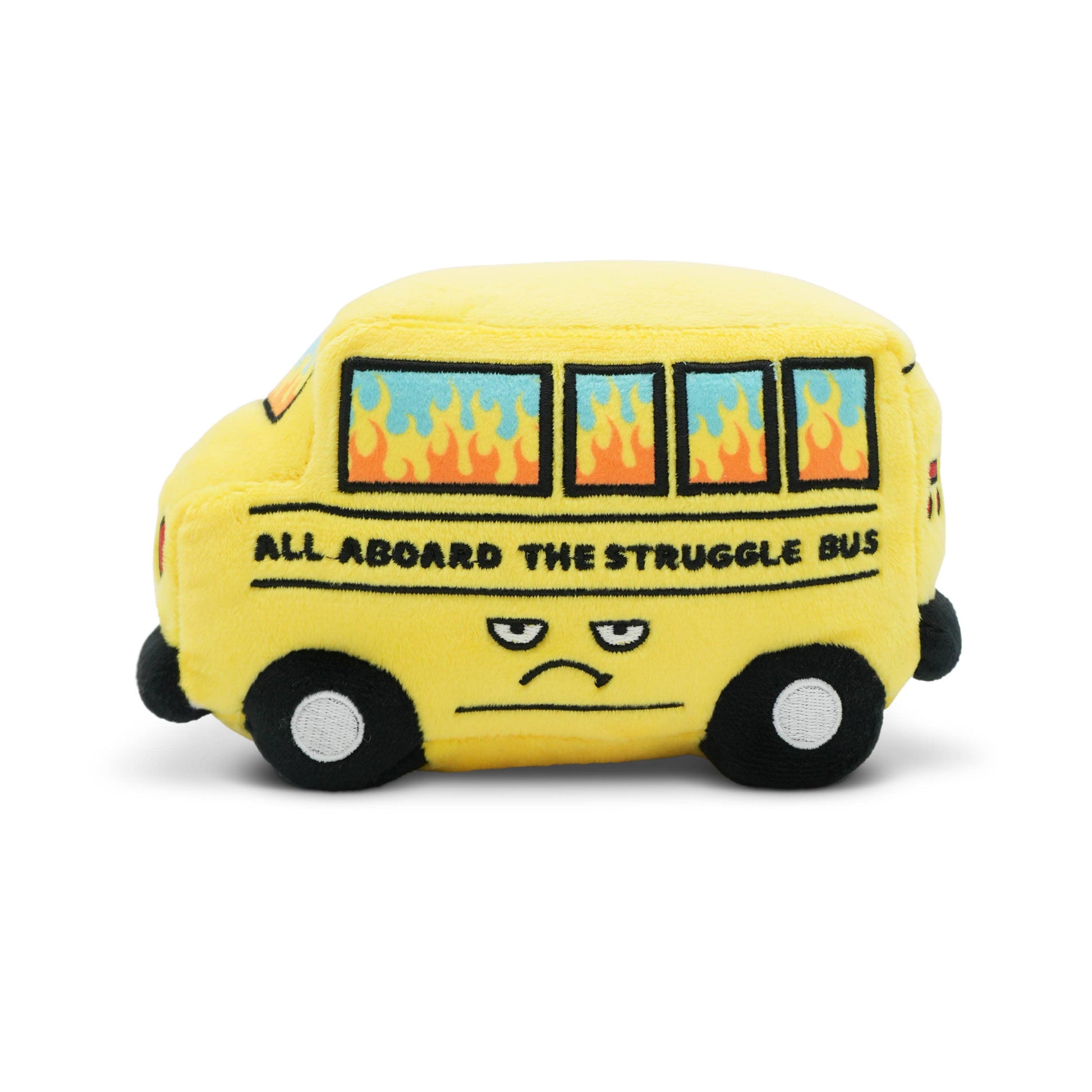 Yellow plush toy bus with text and flames on a white background