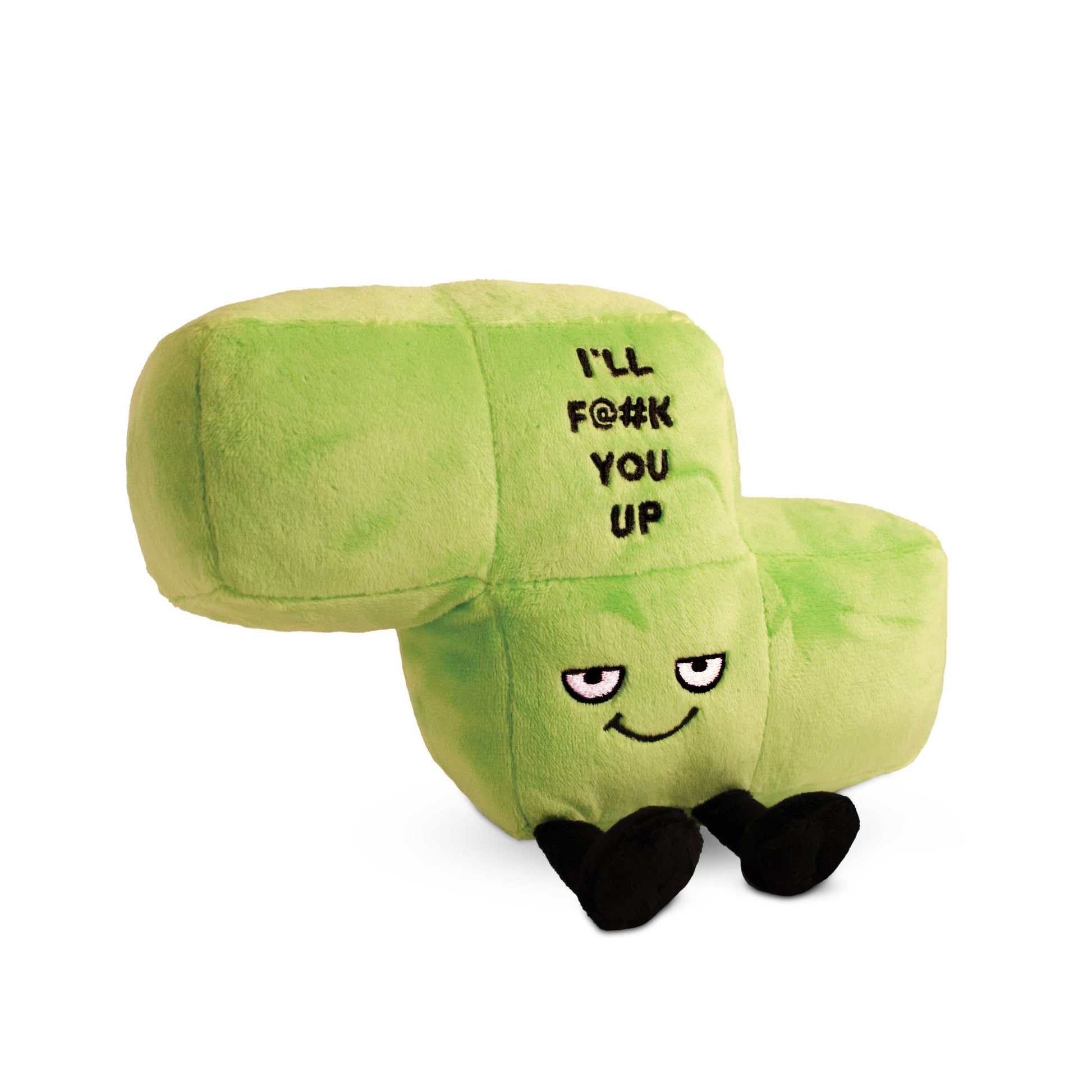 Green plush toy with text on a white background