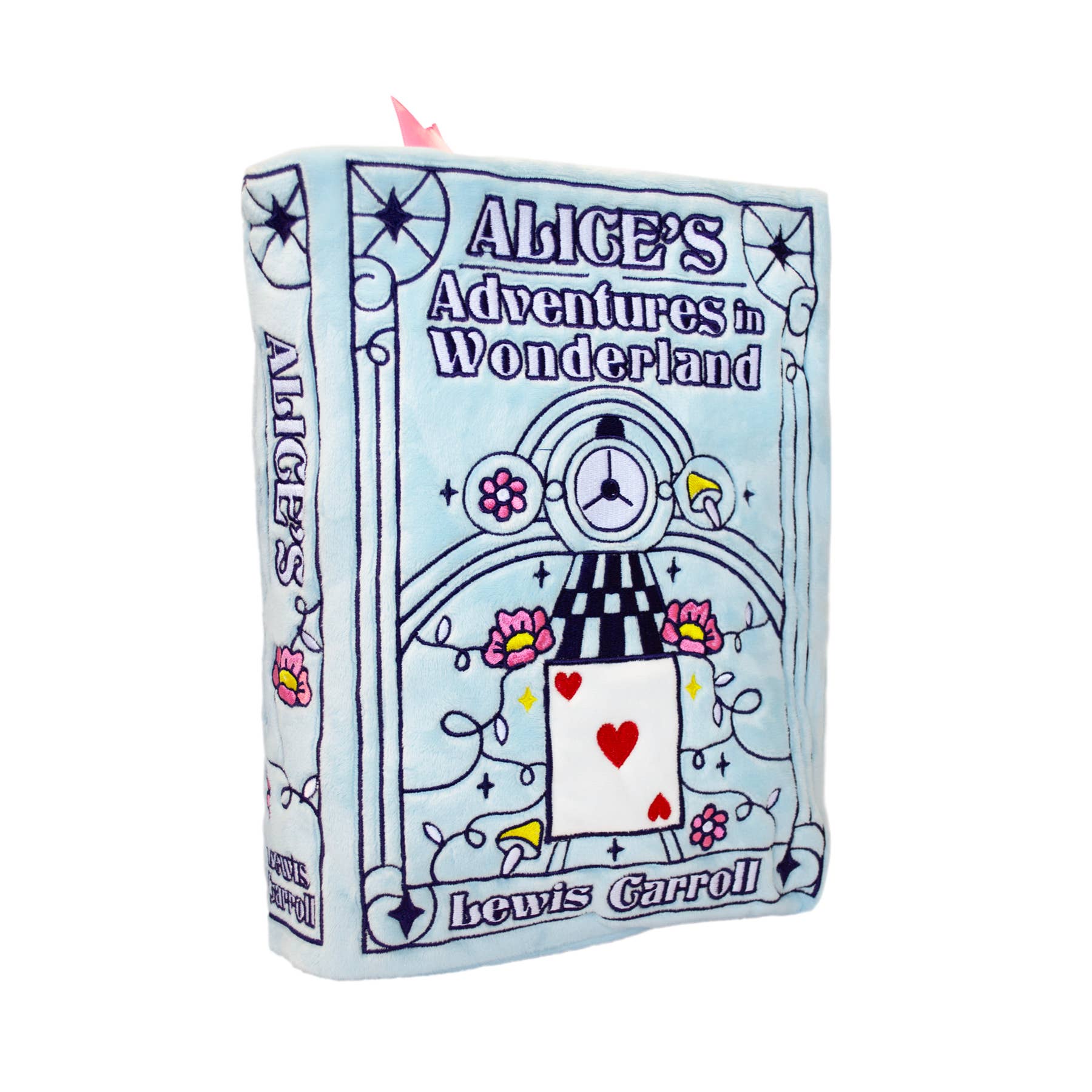 Plush toy shaped like a book titled 'Alice's Adventures in Wonderland' by Lewis Carroll on a white background.