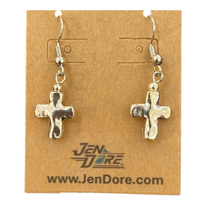 Silver cross earrings on a JenDore branded card