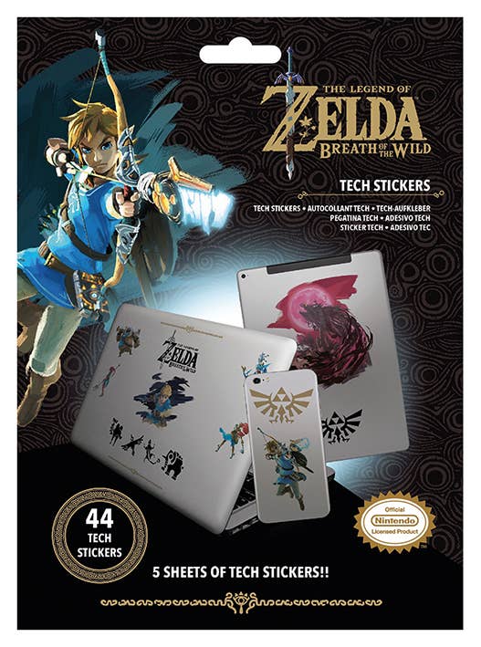 Packaging of 'The Legend of Zelda: Breath of the Wild' tech stickers with character illustration.