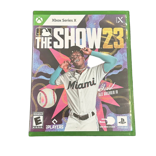 Game case for 'The Show 23' on Xbox Series X with a player in a Miami uniform on a dark textured background.