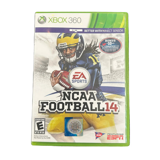 Xbox 360 game case for 'NCAA Football 14' with a football player on the cover.