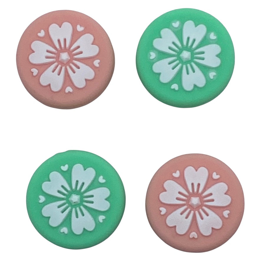 JenDore Pink & Green 4Pcs Sakura Flowers Silicone Thumb Grip Caps for Nintendo Switch