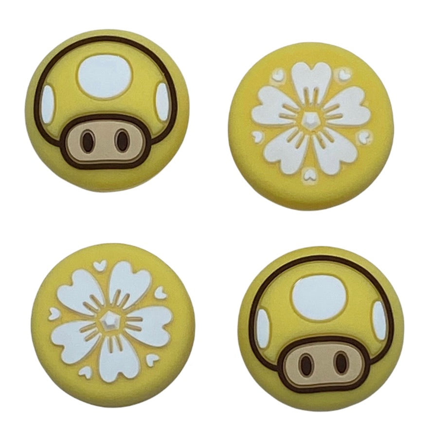 JenDore Yellow Mushroom Sakura Flowers 4Pcs Silicone Thumb Grip Caps for Nintendo Switch / NS Lite