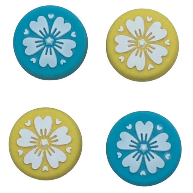 JenDore Sakura Flowers Blue Yellow 4Pcs Silicone Thumb Grip Caps for Nintendo Switch / NS Lite
