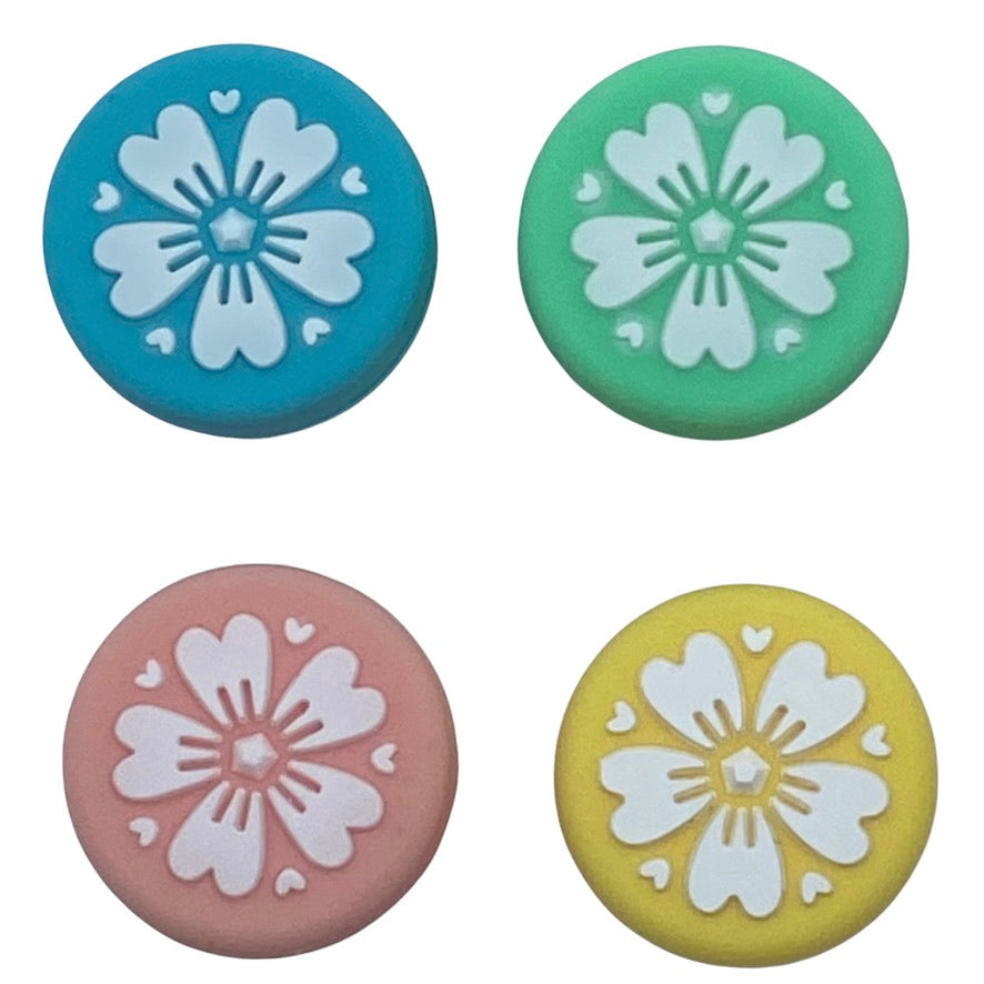 JenDore Sakura Flowers Yellow Pink Blue Green 4Pcs Silicone Thumb Grip Caps for Nintendo Switch / NS Lite
