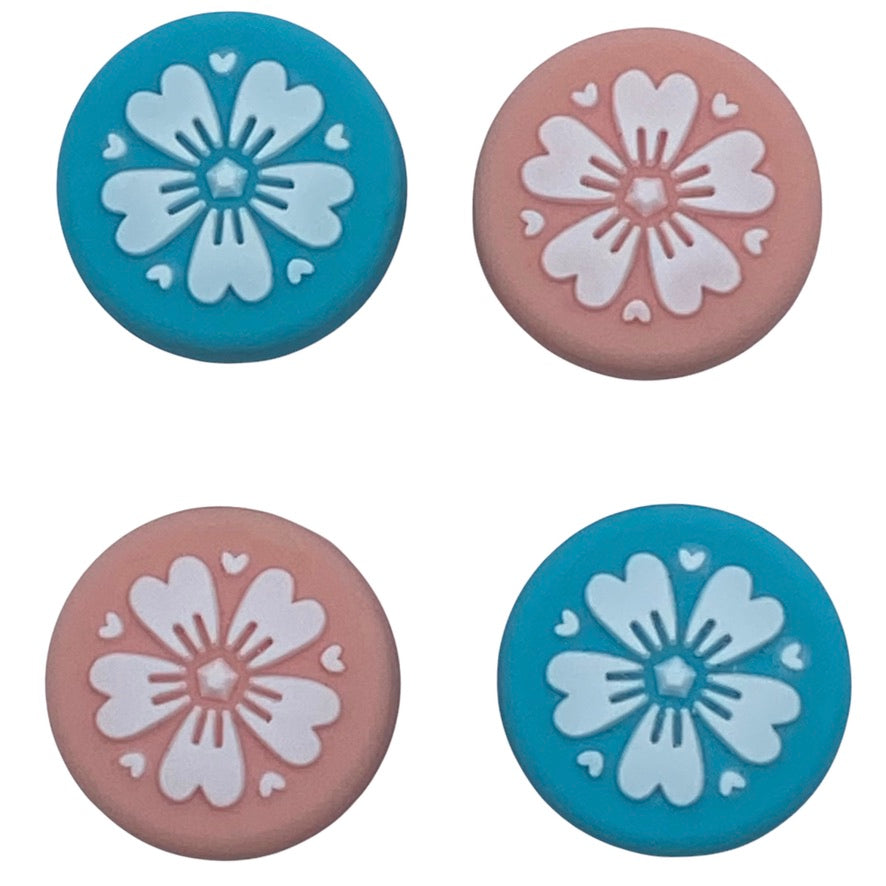 JenDore Sakura Flowers Blue Pink 4Pcs Silicone Thumb Grip Caps for Nintendo Switch / NS Lite