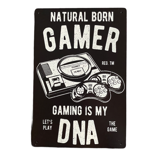 JenDore 12x8 Natural Born Gamer Gaming is my DNA Póster de lata de metal para pared, cartel para juegos