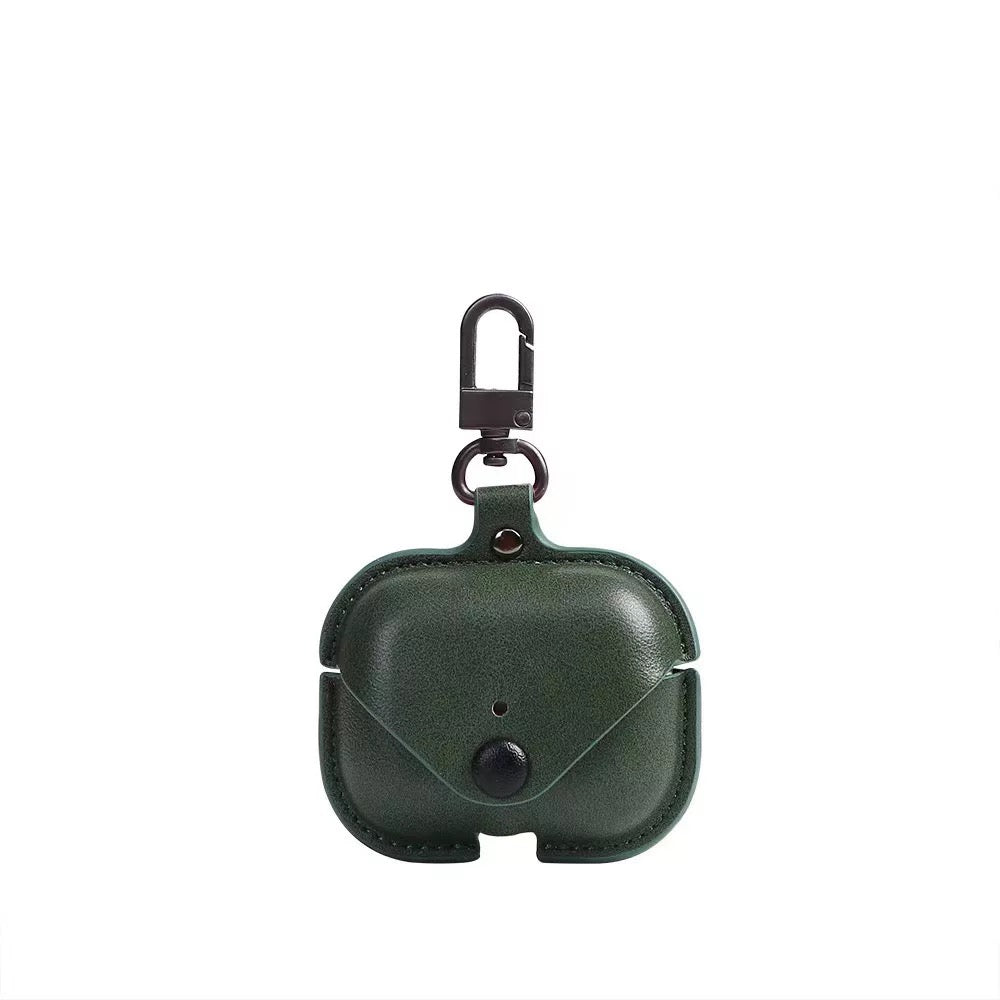 JenDore Green Leather Button Protective Carrying Pouch Case Cover with Keychain for AirPods Pro