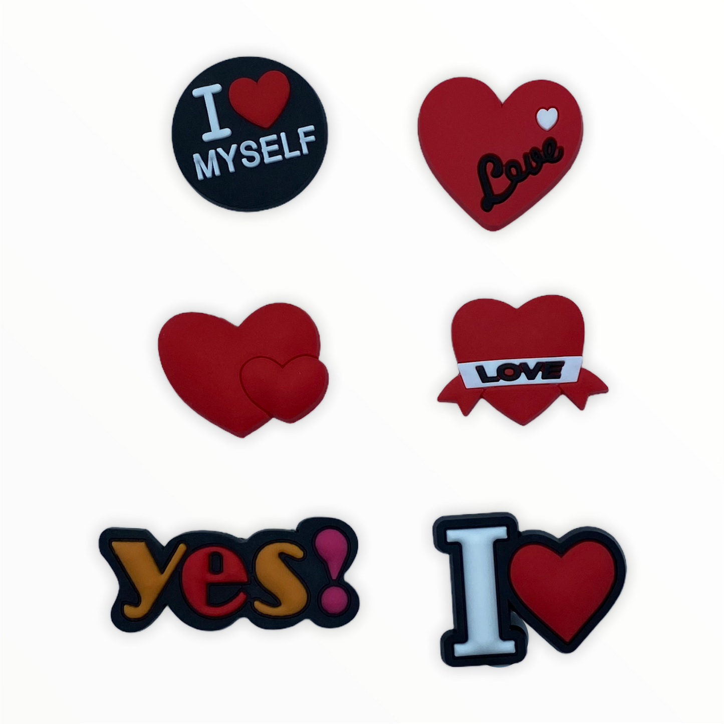 JENDORE 6 pcs Lot I Love Myself Hearts Shoe Charms for Bracelets or Clogs