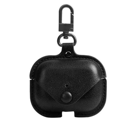 JenDore Black Leather Button Protective Carrying Pouch Case Cover with Keychain for AirPods Pro Front View