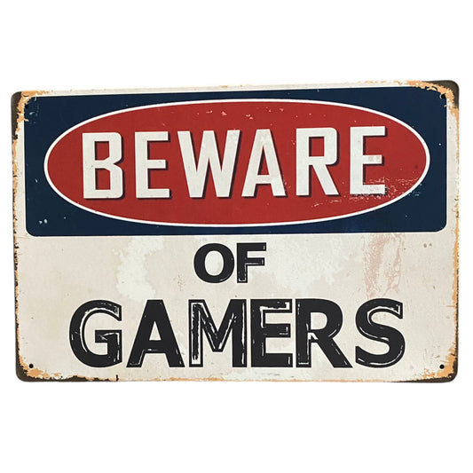 JenDore 12x8 Beware of Gamers Metal Tin Poster Wall Art Gaming Sign