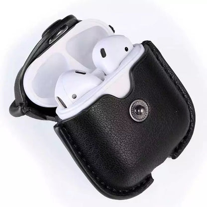 JenDore Black Leather Button Protective Carrying Pouch Case Cover with Keychain for AirPods Pro