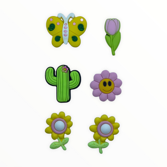 JENDORE - Lote de 6 abalorios para zapatos con flores de cactus y mariposas para pulseras o zuecos