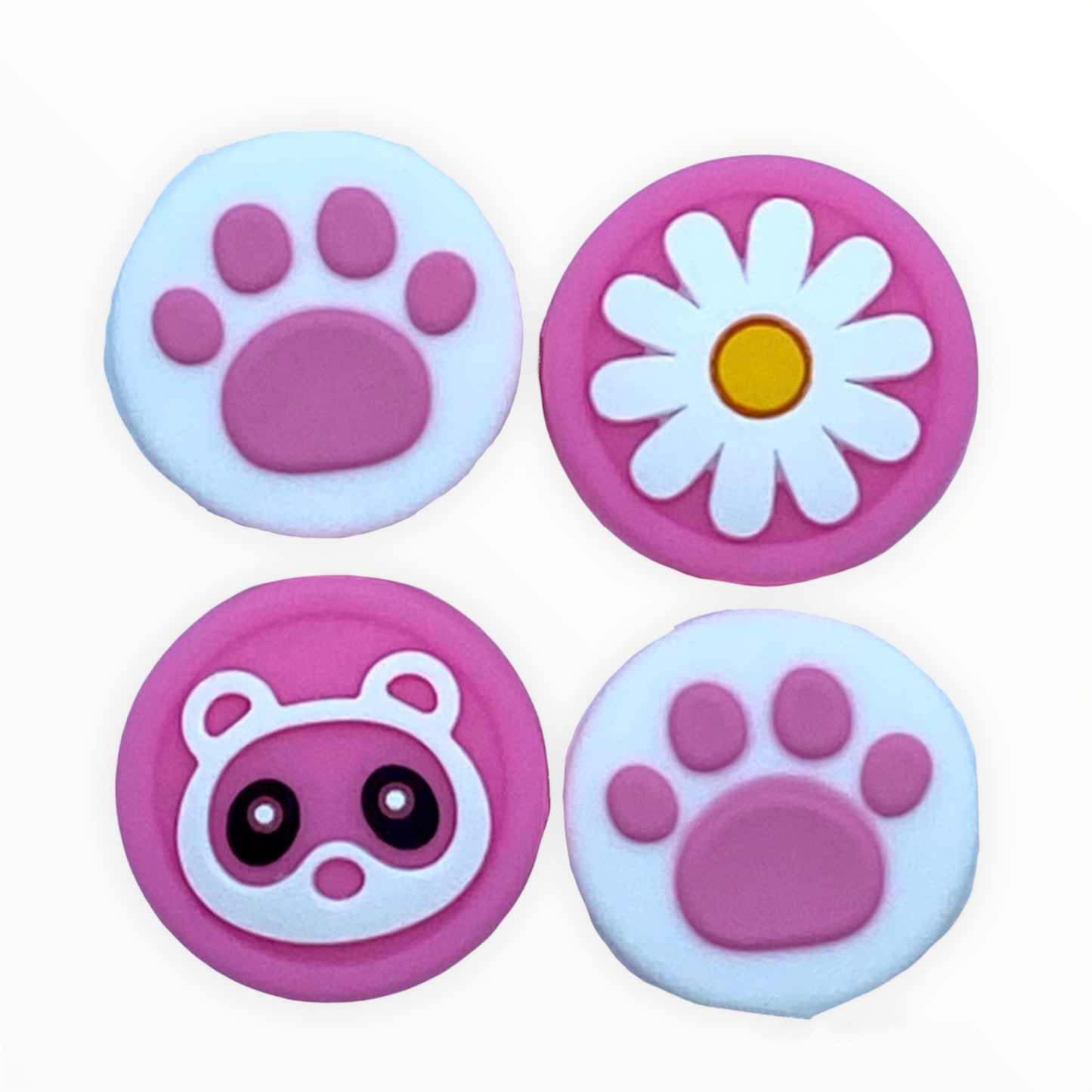 JenDore Pink White 4Pcs Paw Flower Raccoon Animal Crossing Silicone Thumb Grip Caps for Nintendo Switch