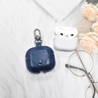 JenDore Blue Leather Button Protective Carrying Pouch Case Cover with Keychain for AirPods Pro