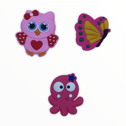 JENDORE 3 pcs Lot Pink Owl Butterfly Octopus Shoe Charms for Bracelets or Clogs