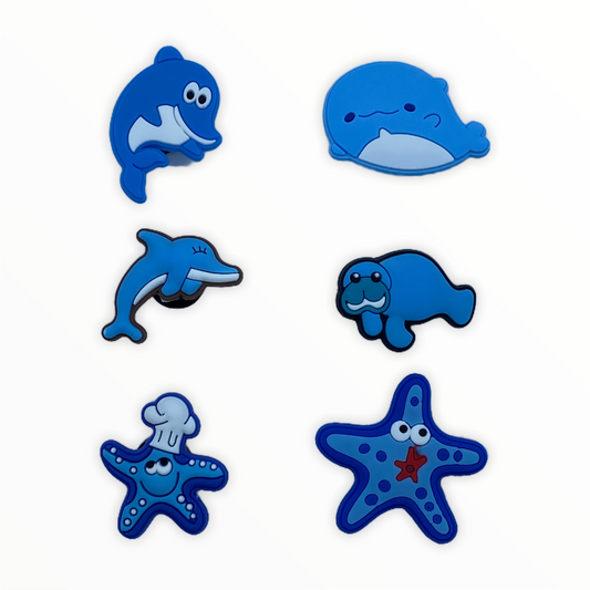 JENDORE 6 pcs Lot Ocean Whales Dolphins Starfish Shoe Charms for Bracelets or Clogs