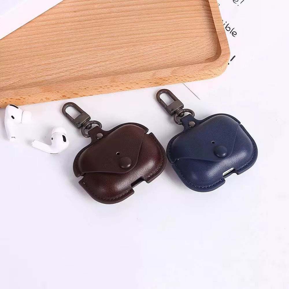 JenDore Dark Brown Leather Button Protective Carrying Pouch Case Cover with Keychain for AirPods Pro