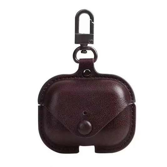 JenDore Dark Brown Leather Button Protective Carrying Pouch Case Cover with Keychain for AirPods Pro