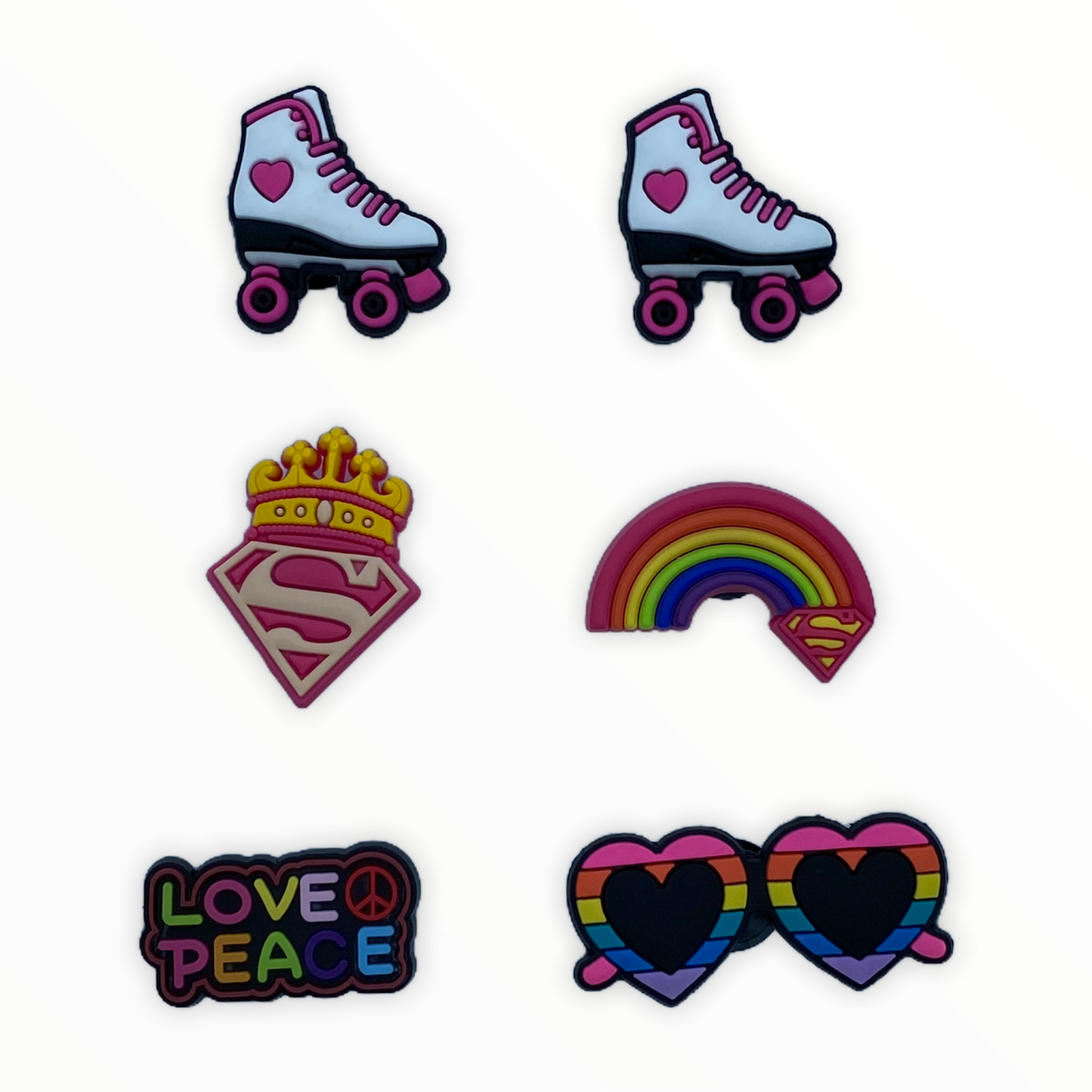 JENDORE 6 pcs Lot Super Love Peace Roller Skates Shoe Charms for Bracelets or Clogs