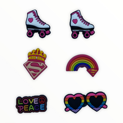 JENDORE Lot de 6 breloques pour patins à roulettes Super Love Peace pour bracelets ou sabots