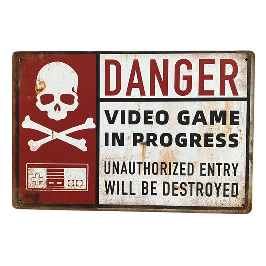 JenDore 12x8 Danger Video Game in Progress Metal Tin Poster Wall Art Gaming Sign