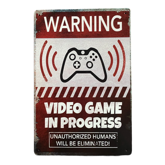 JenDore 12x8 Warning Video Game in Progress Metal Tin Poster Wall Art Gaming Sign